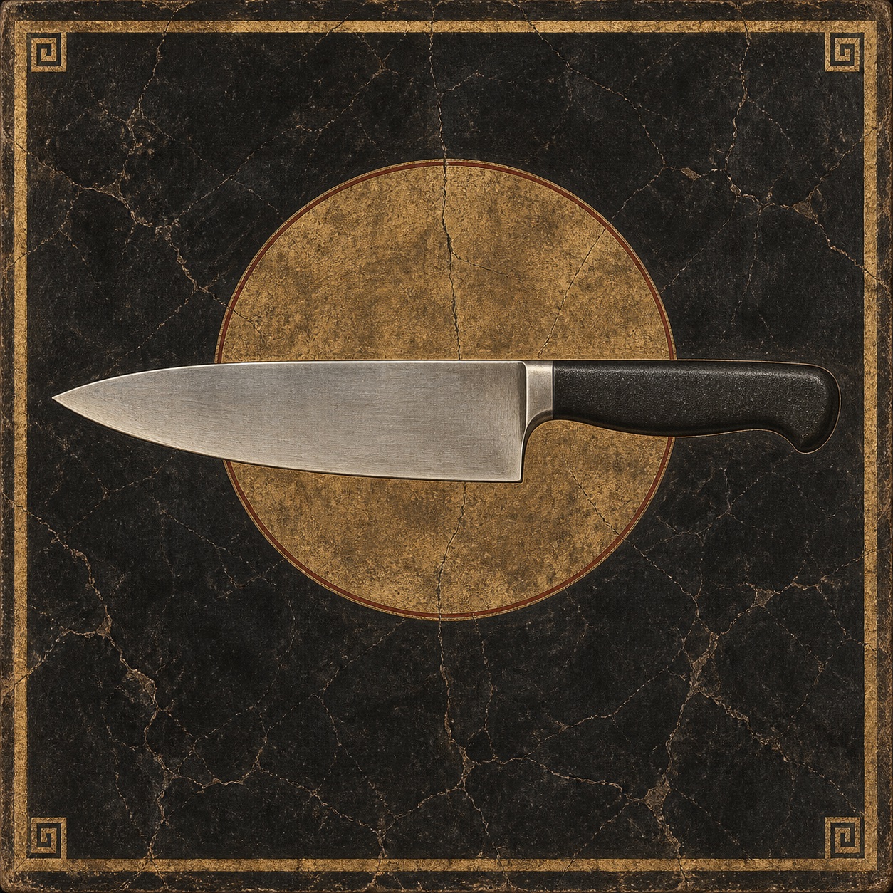 Antiquity-style editorial interpretation of a plain professional chef knife