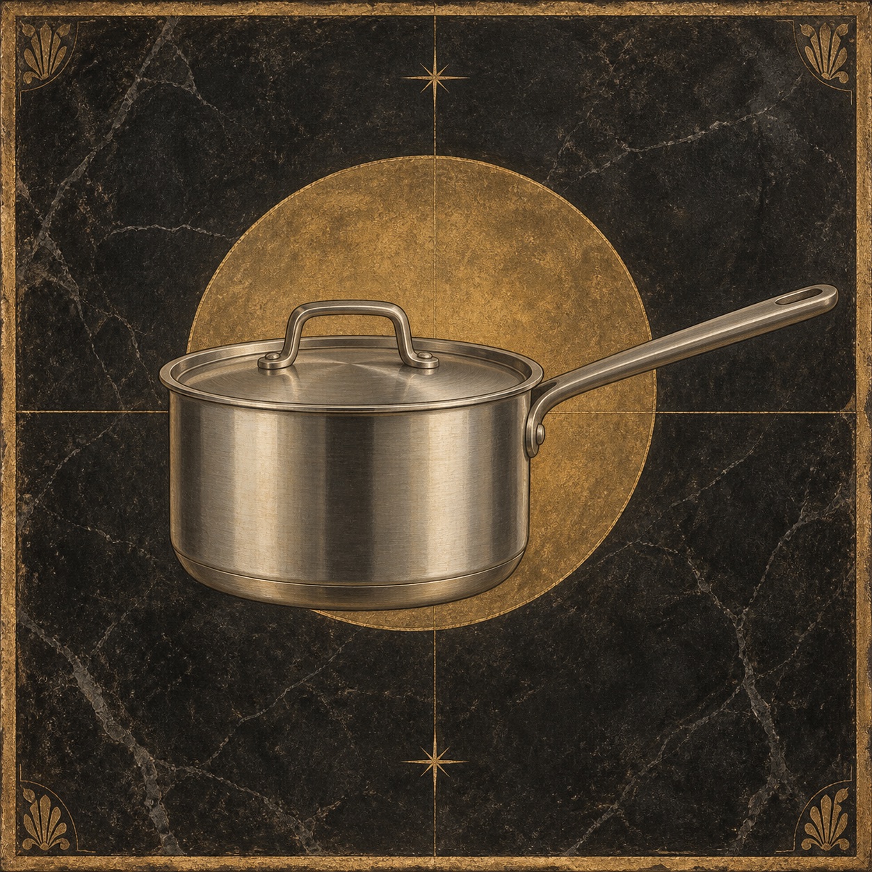 Antiquity-style editorial interpretation of a tri-ply stainless steel saucepan