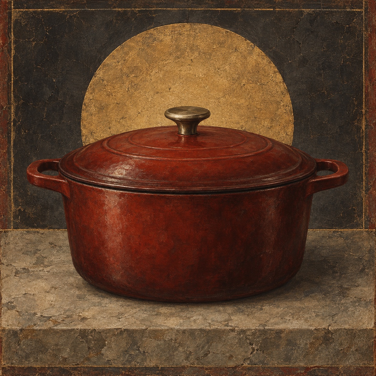 Antiquity-style editorial interpretation of an enameled cast-iron Dutch oven