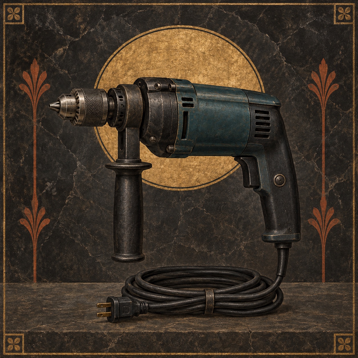 Antiquity-style editorial interpretation of a corded industrial hand drill