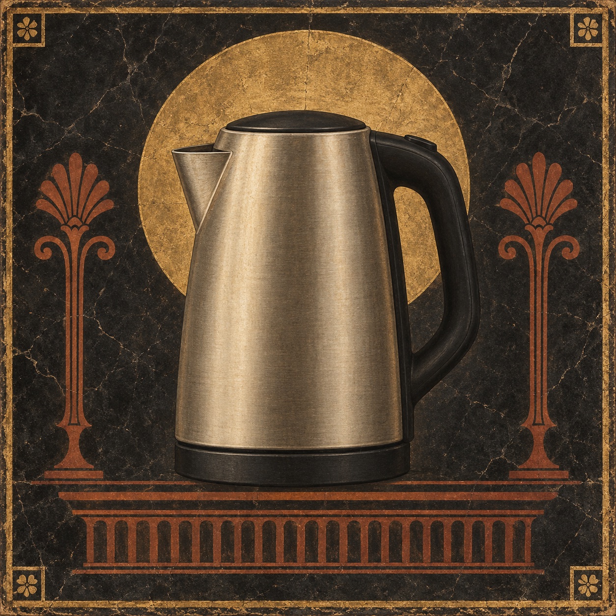 Antiquity-style editorial interpretation of a simple stainless steel electric kettle