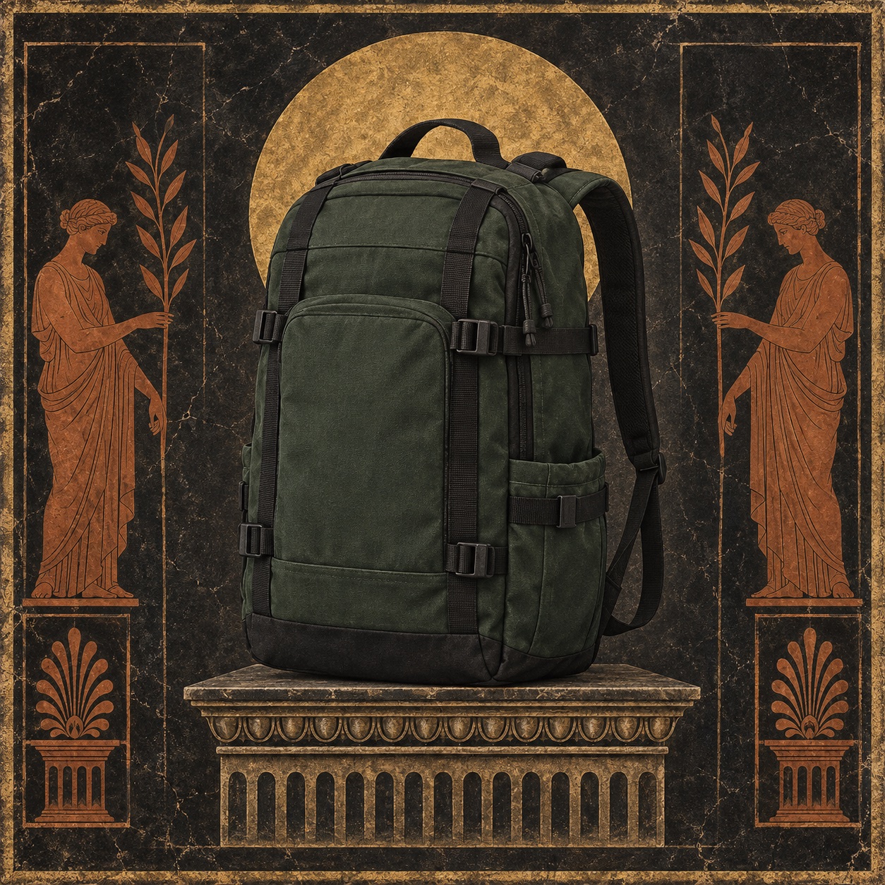 Antiquity-style editorial interpretation of a durable 30-liter travel backpack