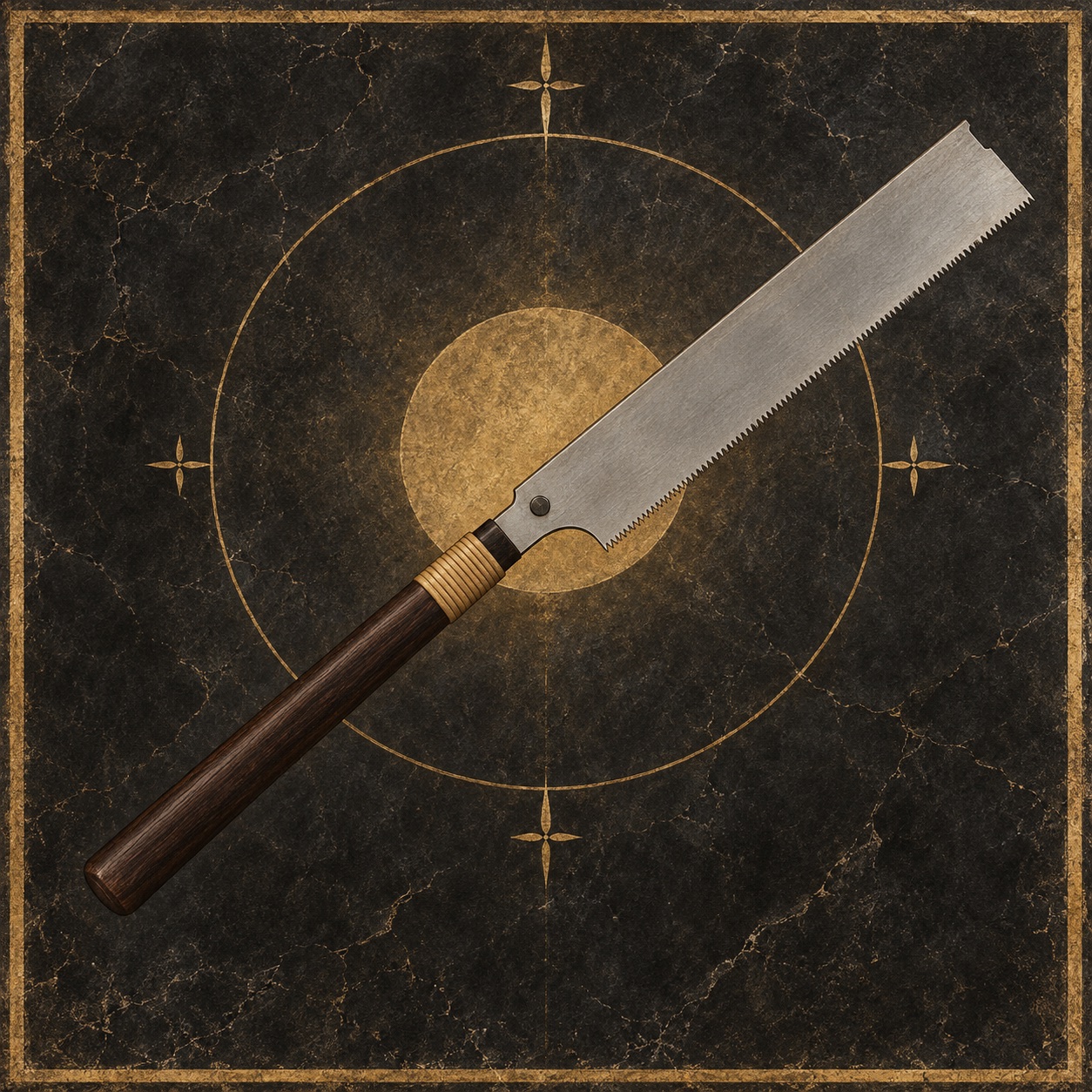 Antiquity-style editorial interpretation of a Japanese pull saw with replaceable blade