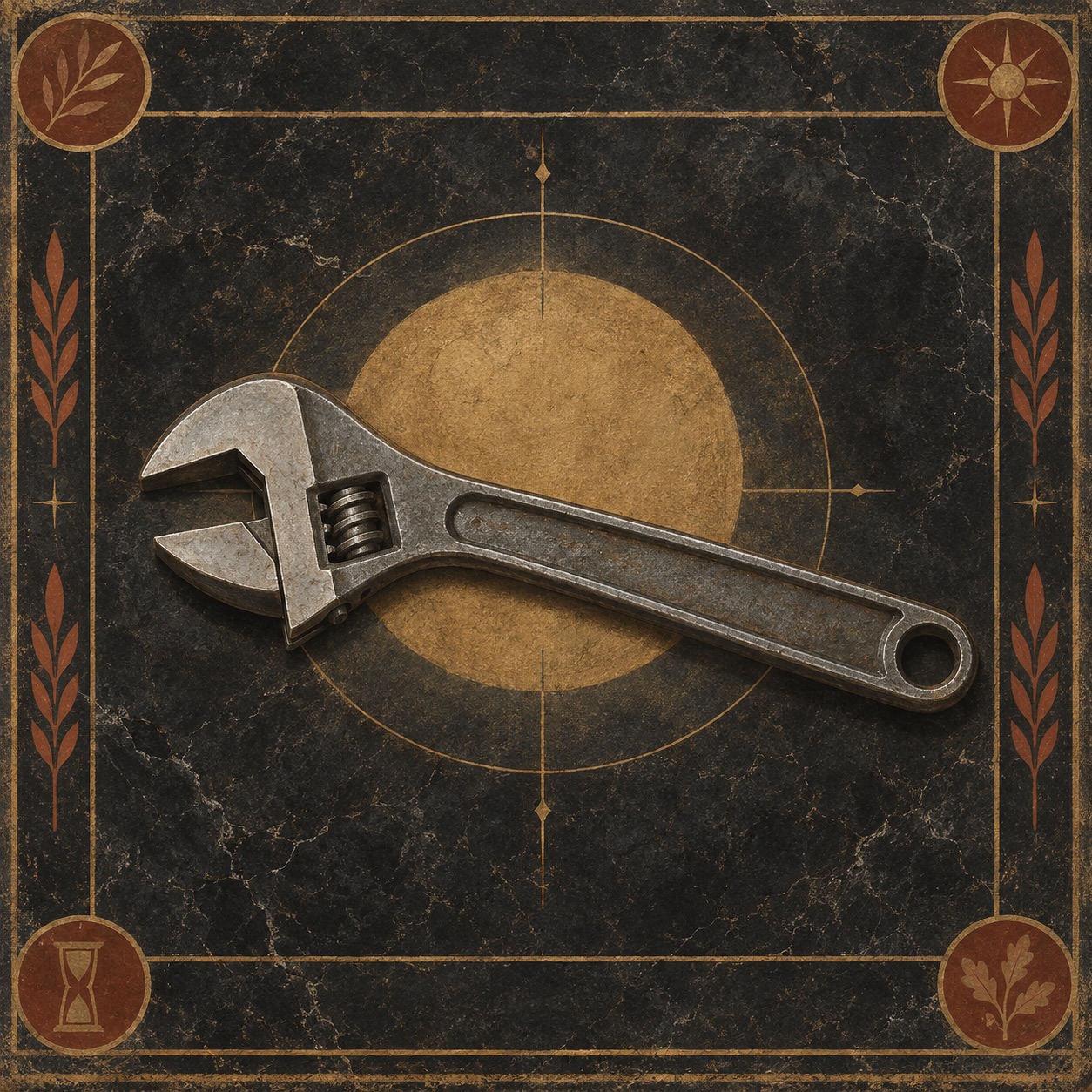 Antiquity-style editorial interpretation of a forged steel adjustable wrench