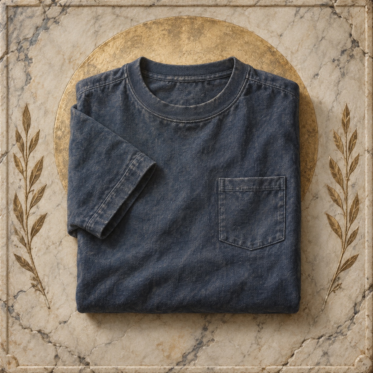 Antiquity-style editorial interpretation of a heavyweight cotton pocket t-shirt