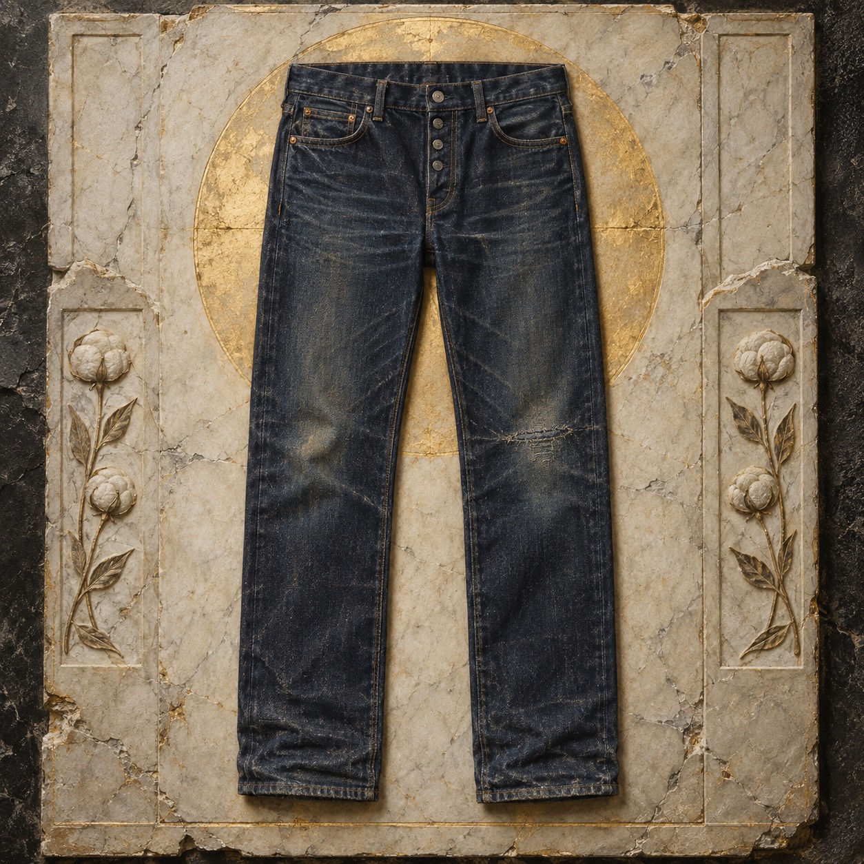 Antiquity-style editorial interpretation of a pair of straight-leg raw indigo jeans