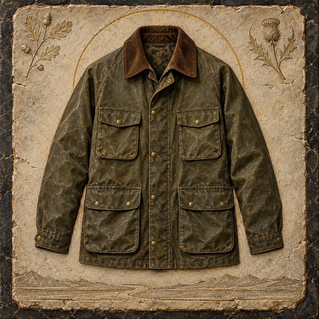 Antiquity-style editorial interpretation of a re-waxable field jacket