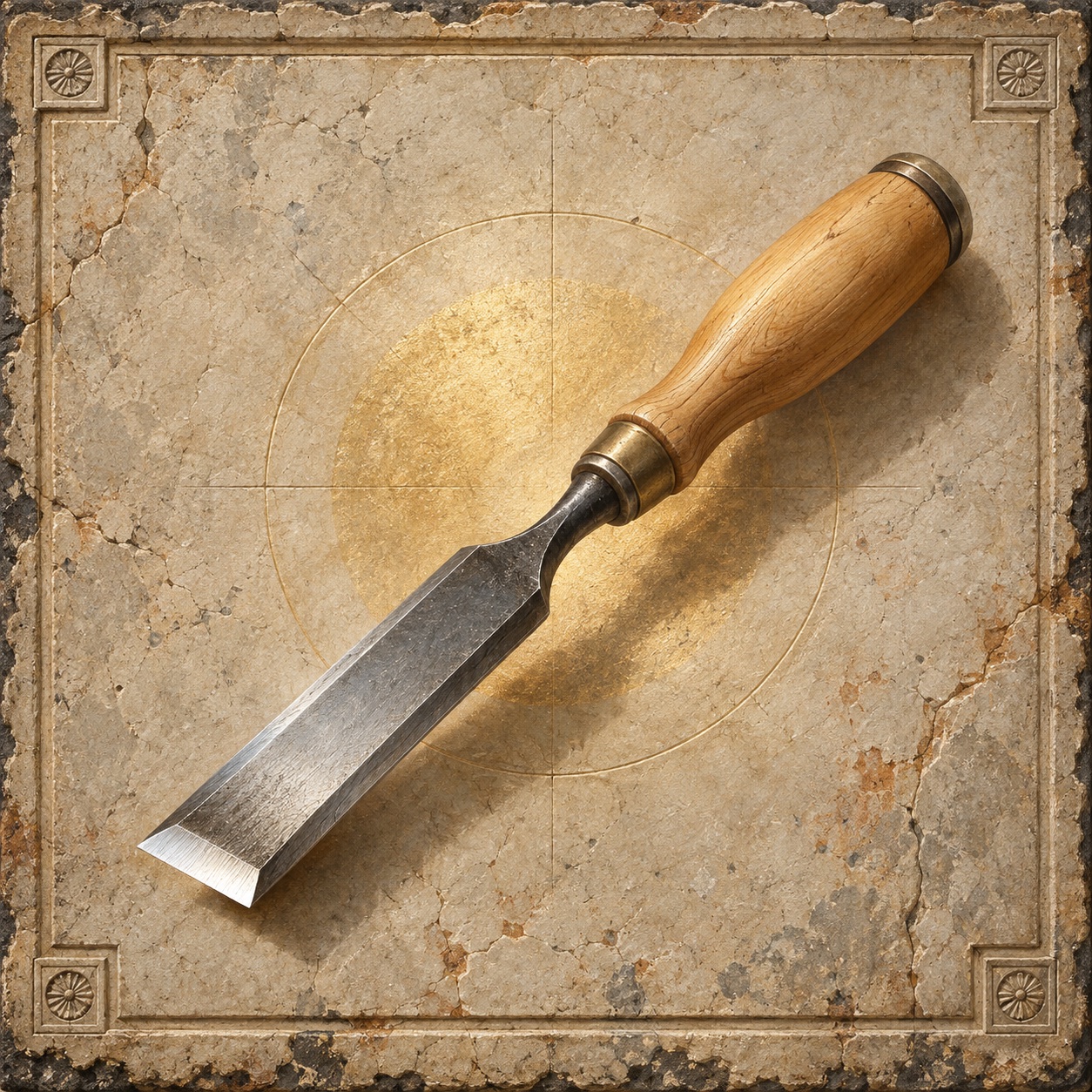 Antiquity-style editorial interpretation of a traditional woodworker bench chisel