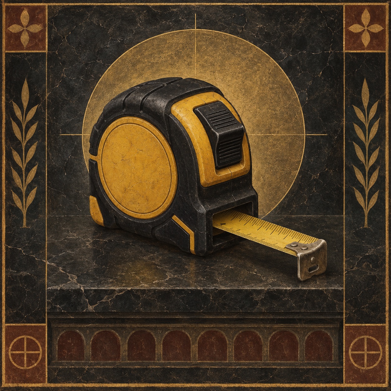 Antiquity-style editorial interpretation of a compact steel tape measure