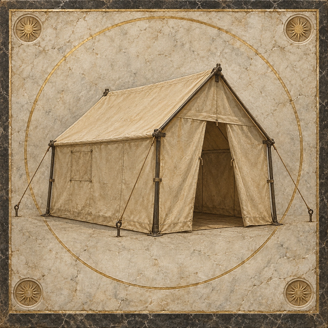 Antiquity-style editorial interpretation of a repairable canvas camping tent