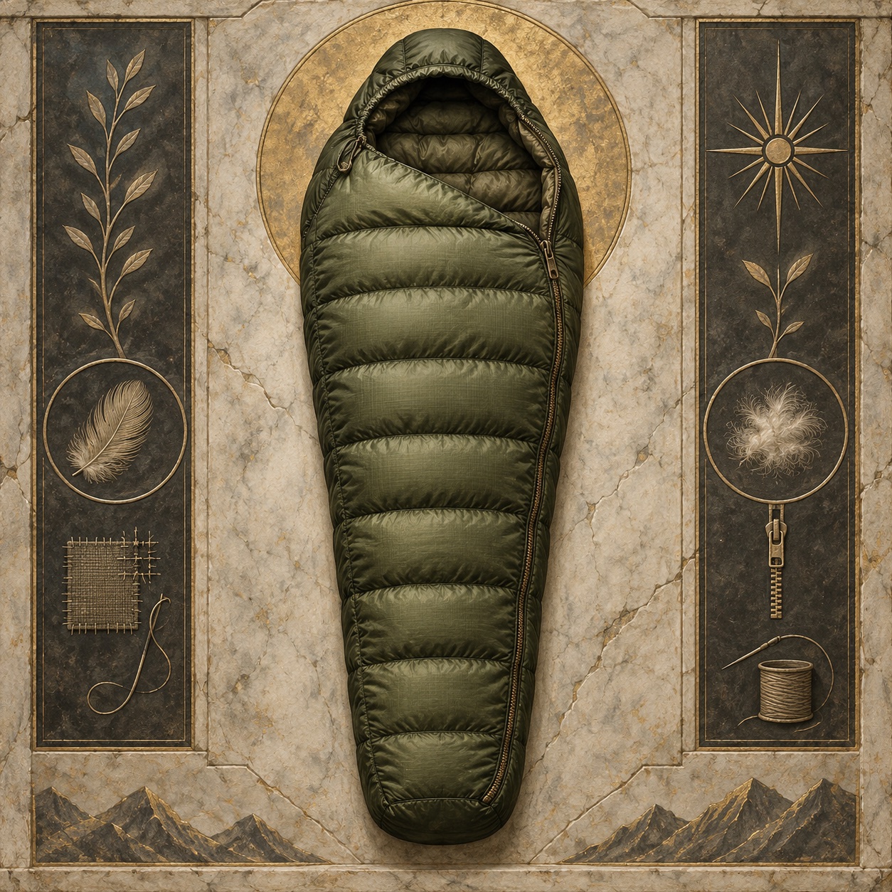Antiquity-style editorial interpretation of a three-season down sleeping bag