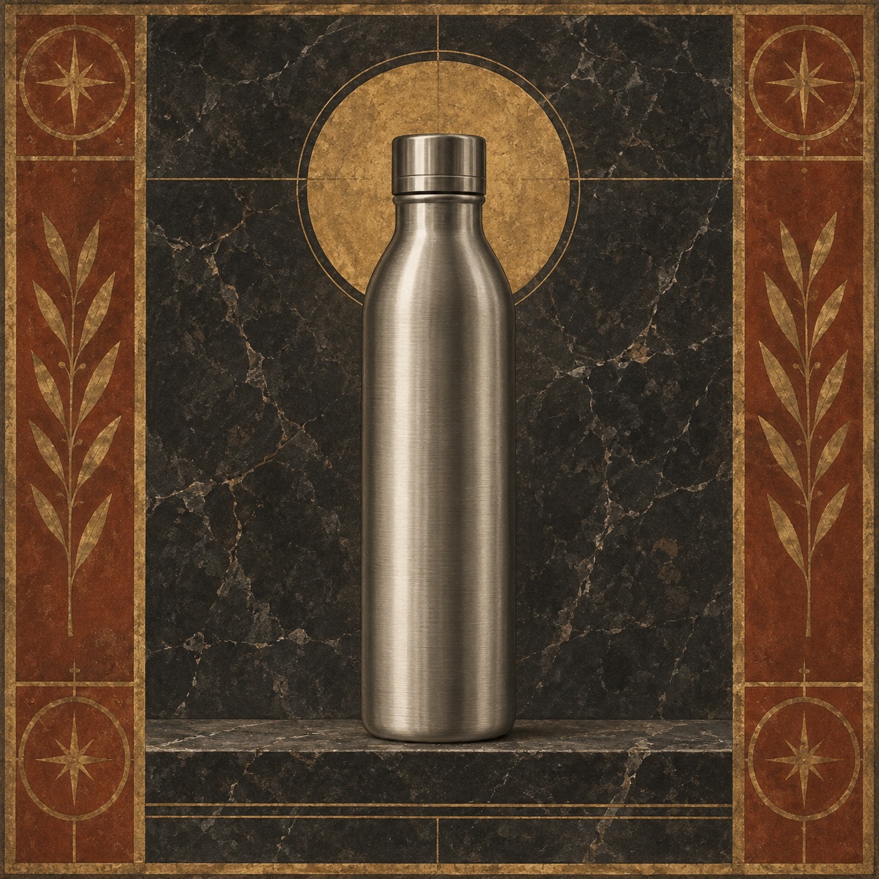 Antiquity-style editorial interpretation of a slim stainless steel water bottle