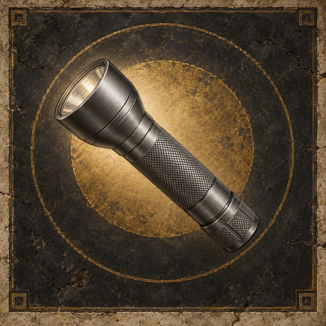 Antiquity-style editorial interpretation of a replaceable-battery aluminum flashlight