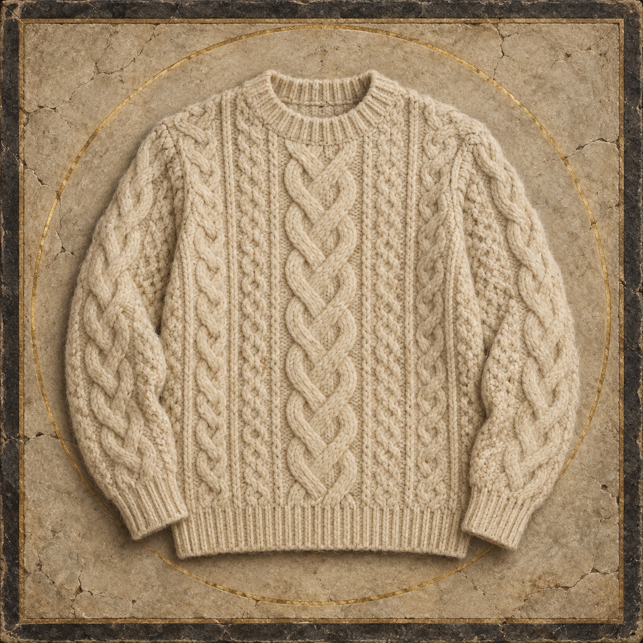 Antiquity-style editorial interpretation of a traditional Aran cable-knit wool sweater