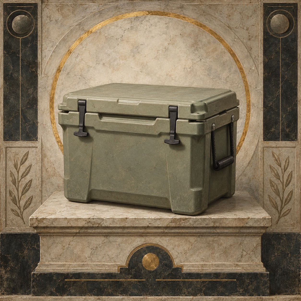 Antiquity-style editorial interpretation of a one-piece rotomolded hard cooler