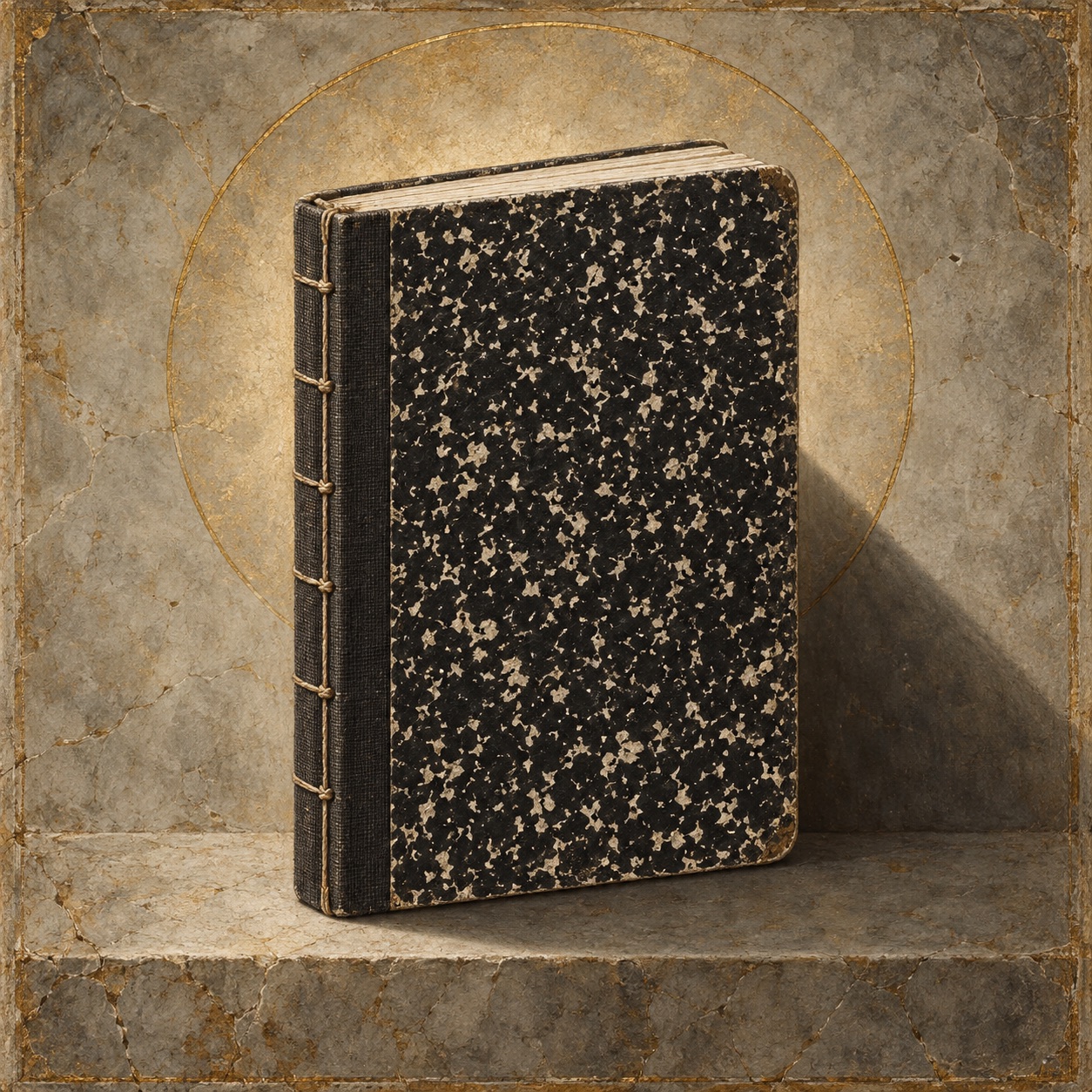 Antiquity-style editorial interpretation of a sewn marbled composition notebook