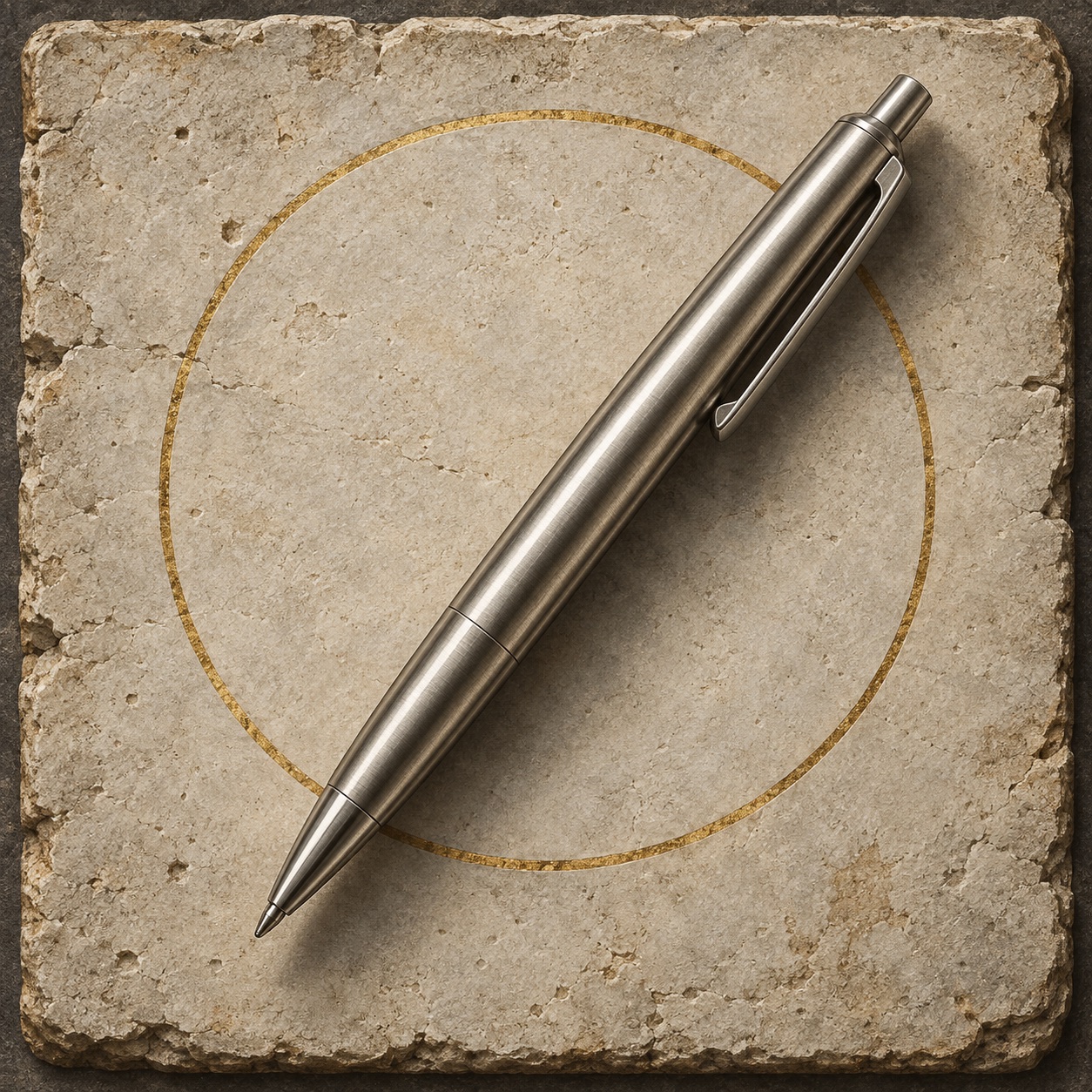 Antiquity-style editorial interpretation of a simple refillable metal ballpoint pen