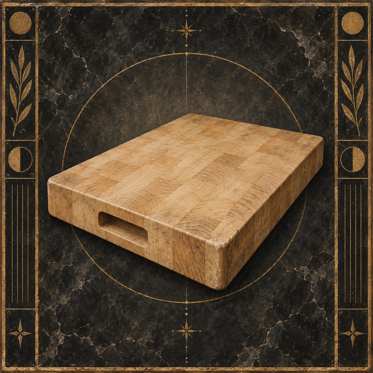 Antiquity-style editorial interpretation of a thick maple cutting board