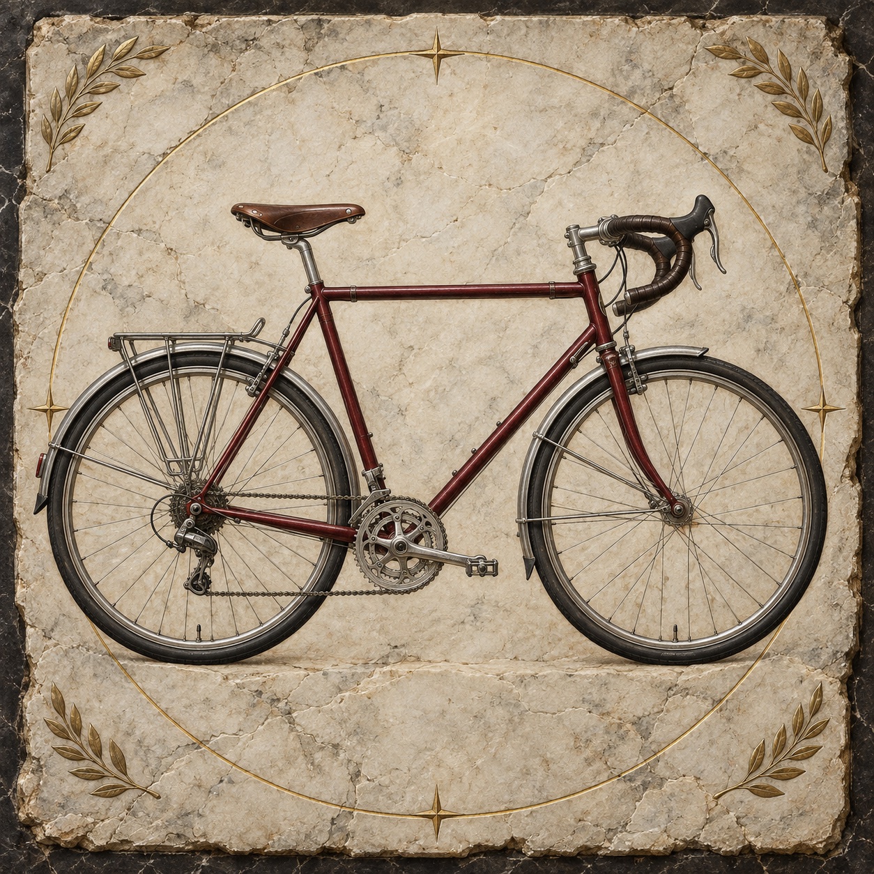 Antiquity-style editorial interpretation of a repairable steel touring bicycle