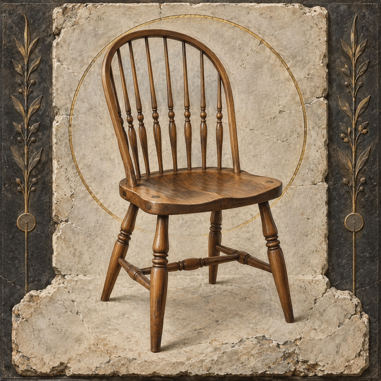 Antiquity-style editorial interpretation of a solid hardwood Windsor dining chair