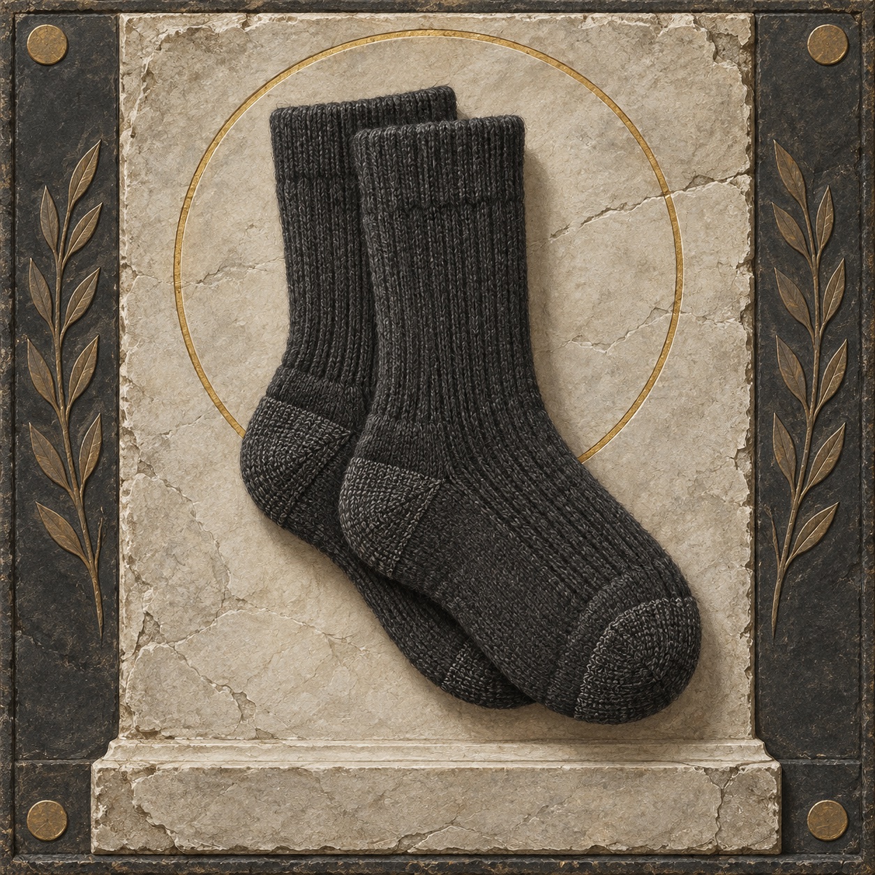 Antiquity-style editorial interpretation of a pair of dense merino wool socks