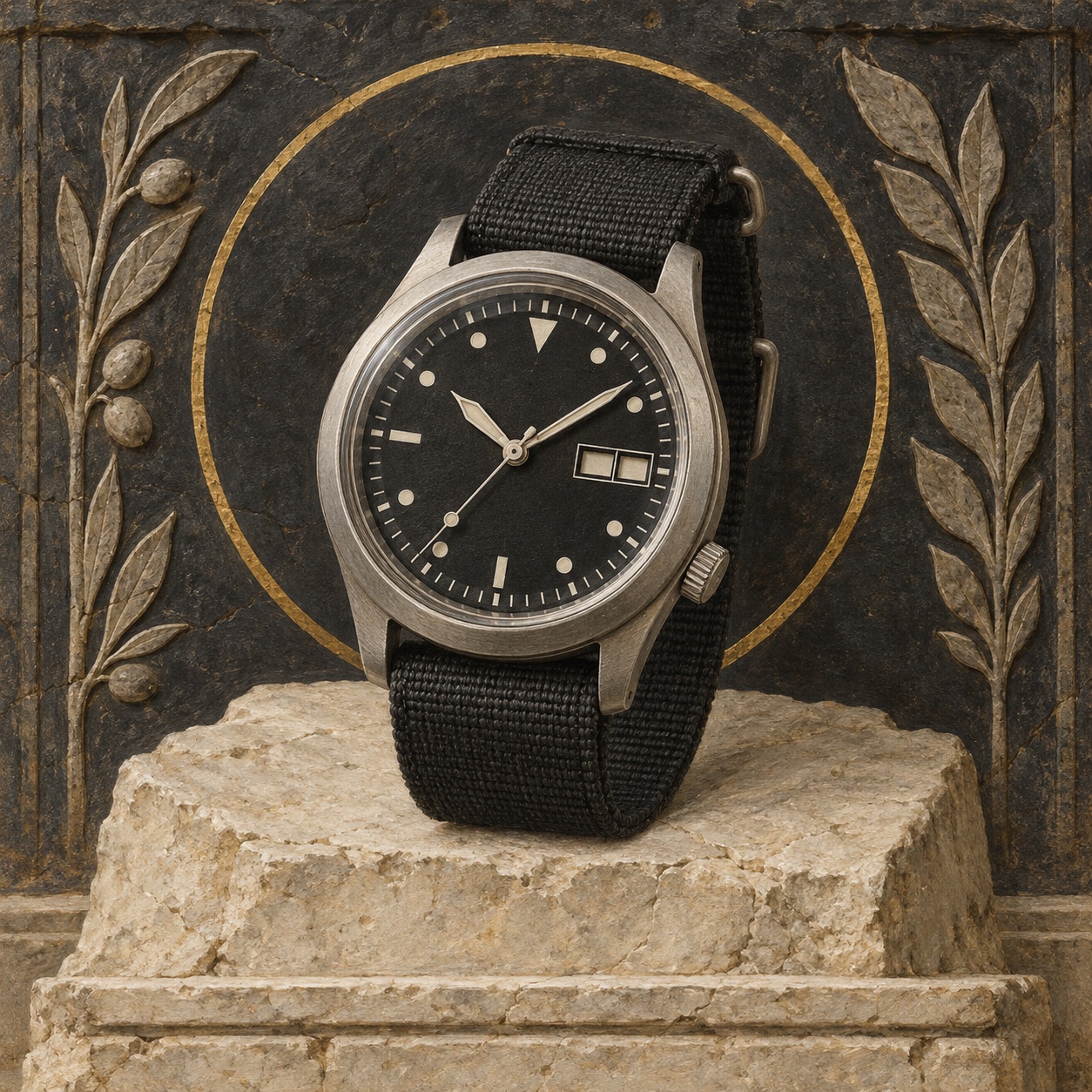 Antiquity-style editorial interpretation of a compact black-dial automatic field watch with a textile strap