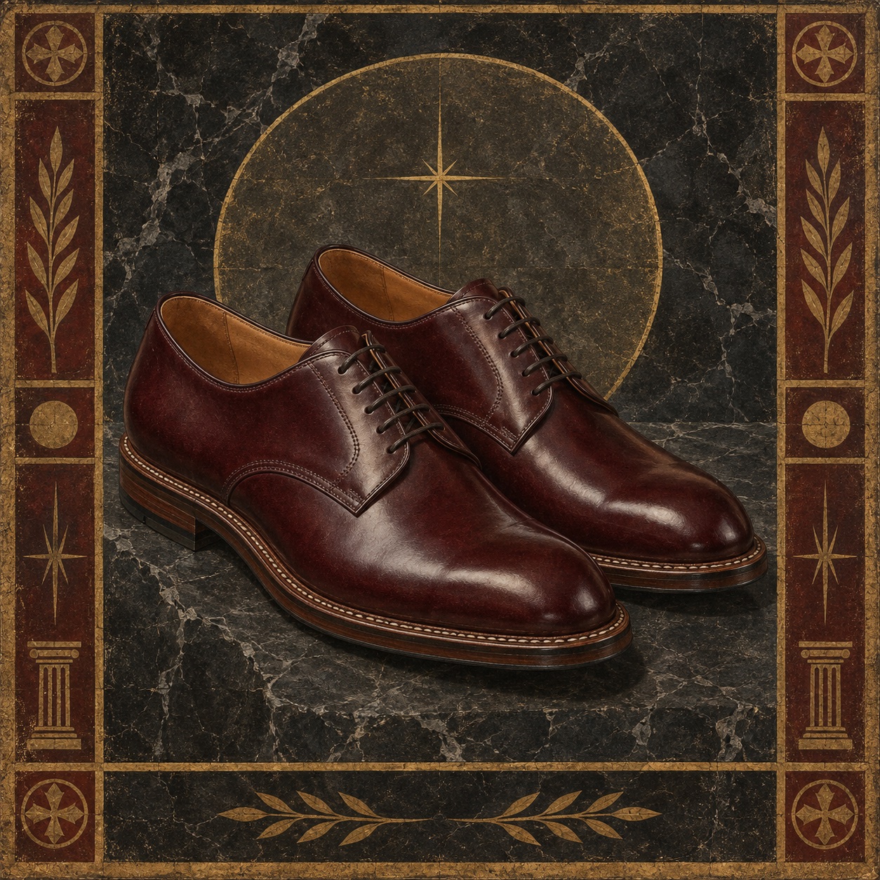 Antiquity-style editorial interpretation of a pair of resoleable plain-toe leather shoes