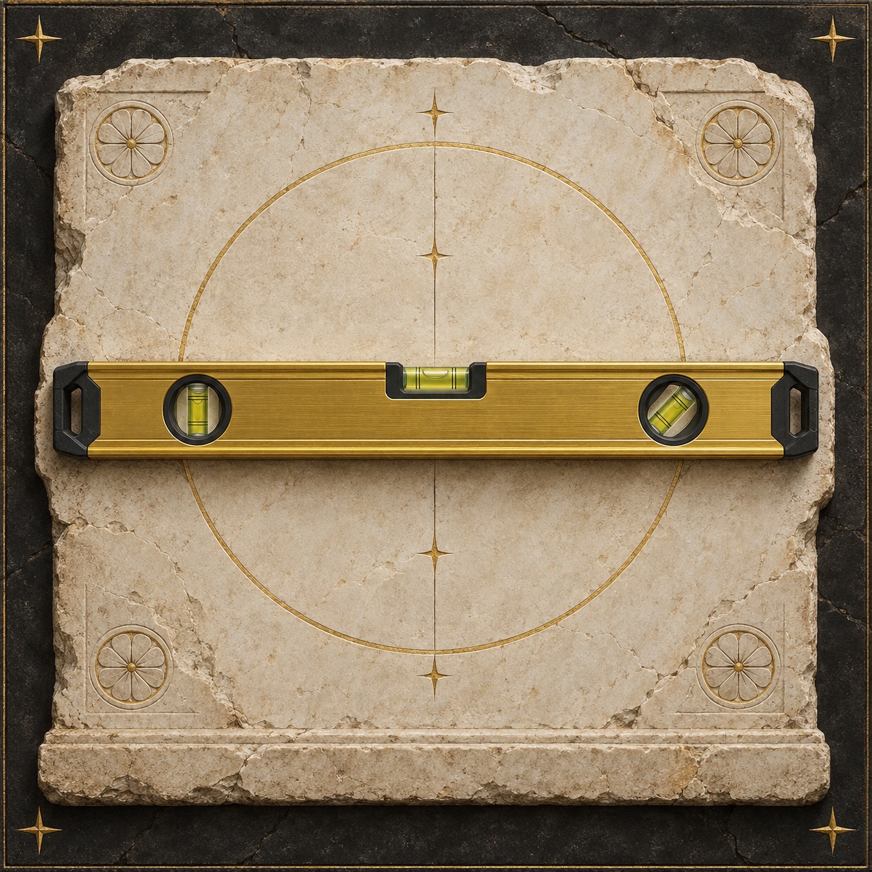 Antiquity-style editorial interpretation of a long aluminum spirit level with three vials