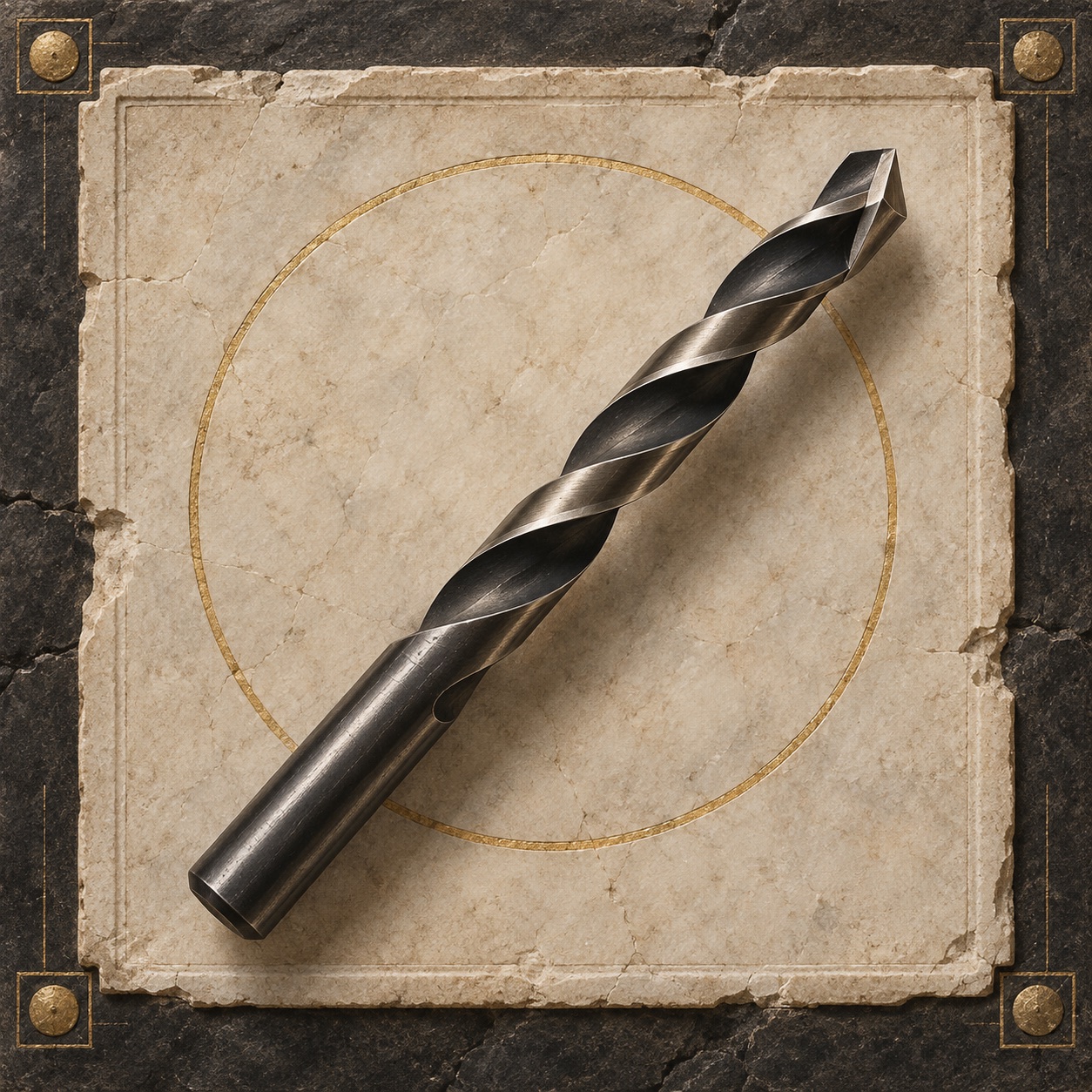 Antiquity-style editorial interpretation of a high-speed-steel twist drill bit