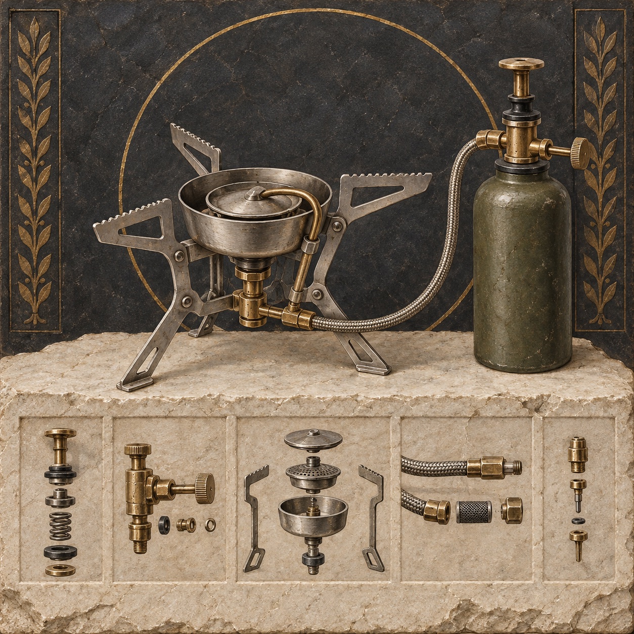 Antiquity-style editorial interpretation of a rebuildable liquid-fuel camping stove with a pump, braided line, and folding supports