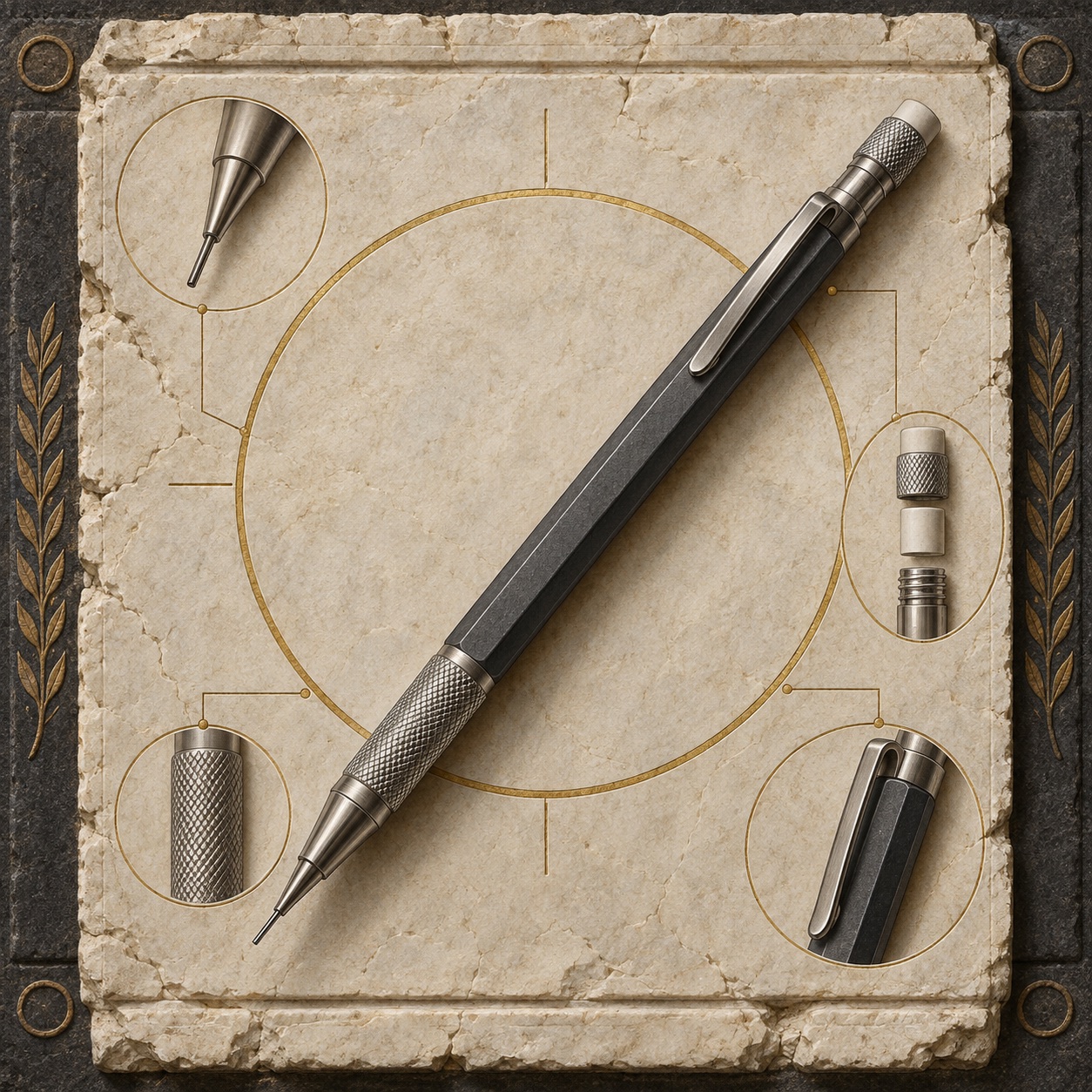 Antiquity-style editorial interpretation of a refillable metal-grip mechanical pencil