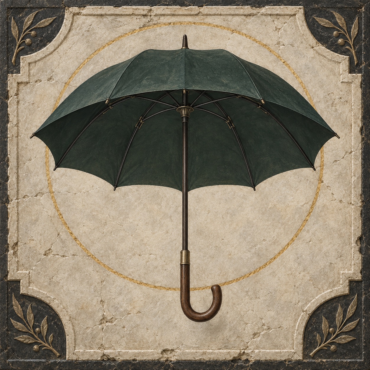 Antiquity-style editorial interpretation of a full-length wind-resistant umbrella