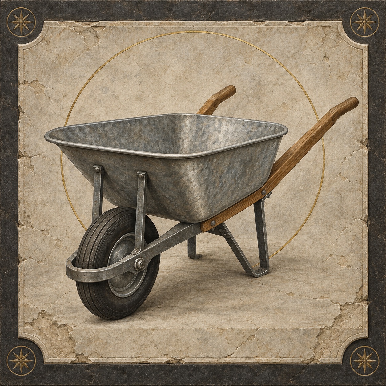 Antiquity-style editorial interpretation of a classic steel single-wheel wheelbarrow