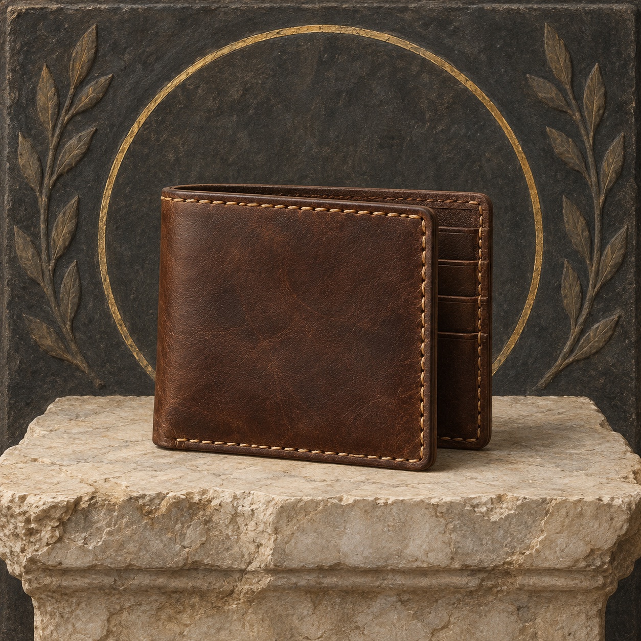 Antiquity-style editorial interpretation of a thick full-grain leather bifold wallet with heavy saddle stitching