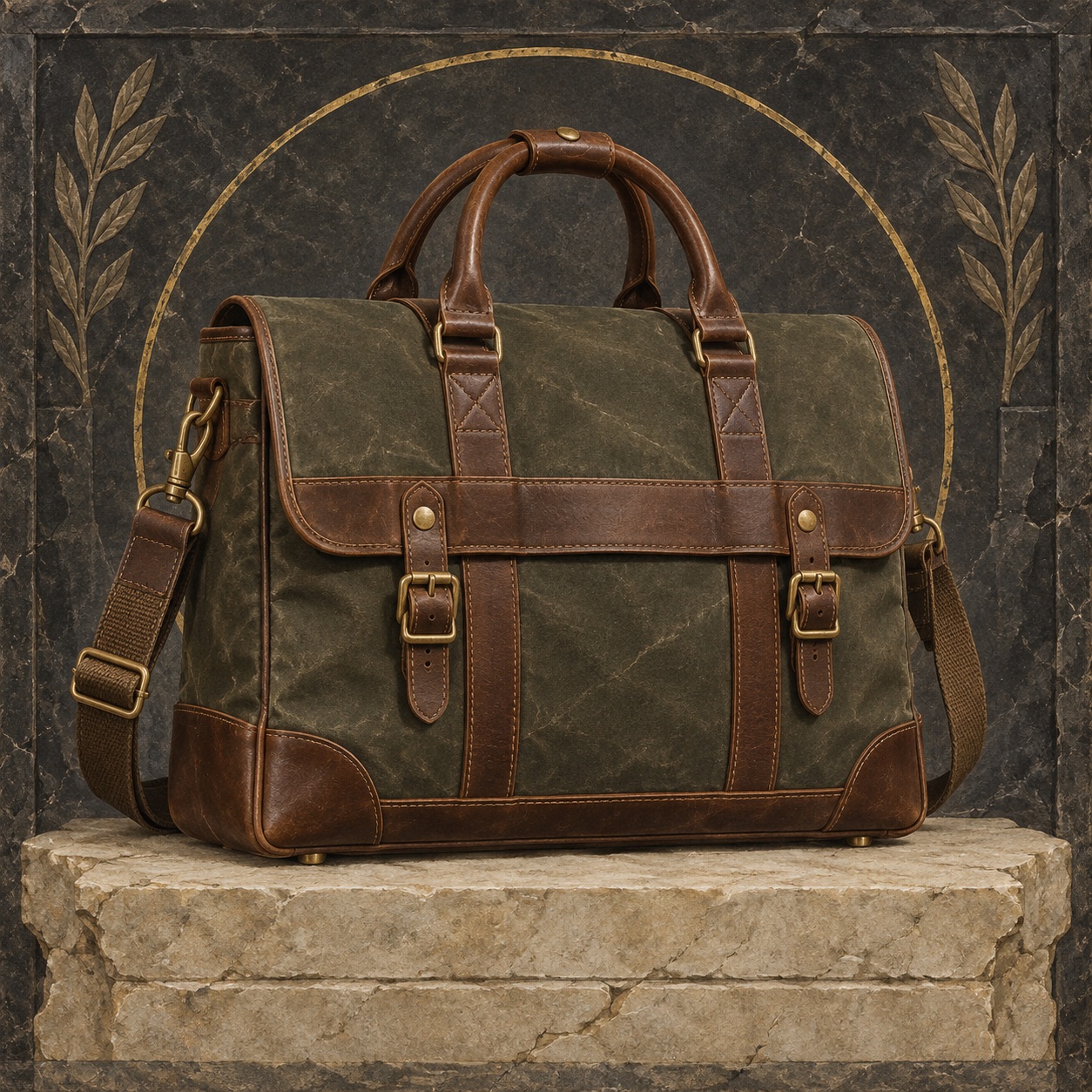 Antiquity-style editorial interpretation of a rugged waxed-canvas briefcase
