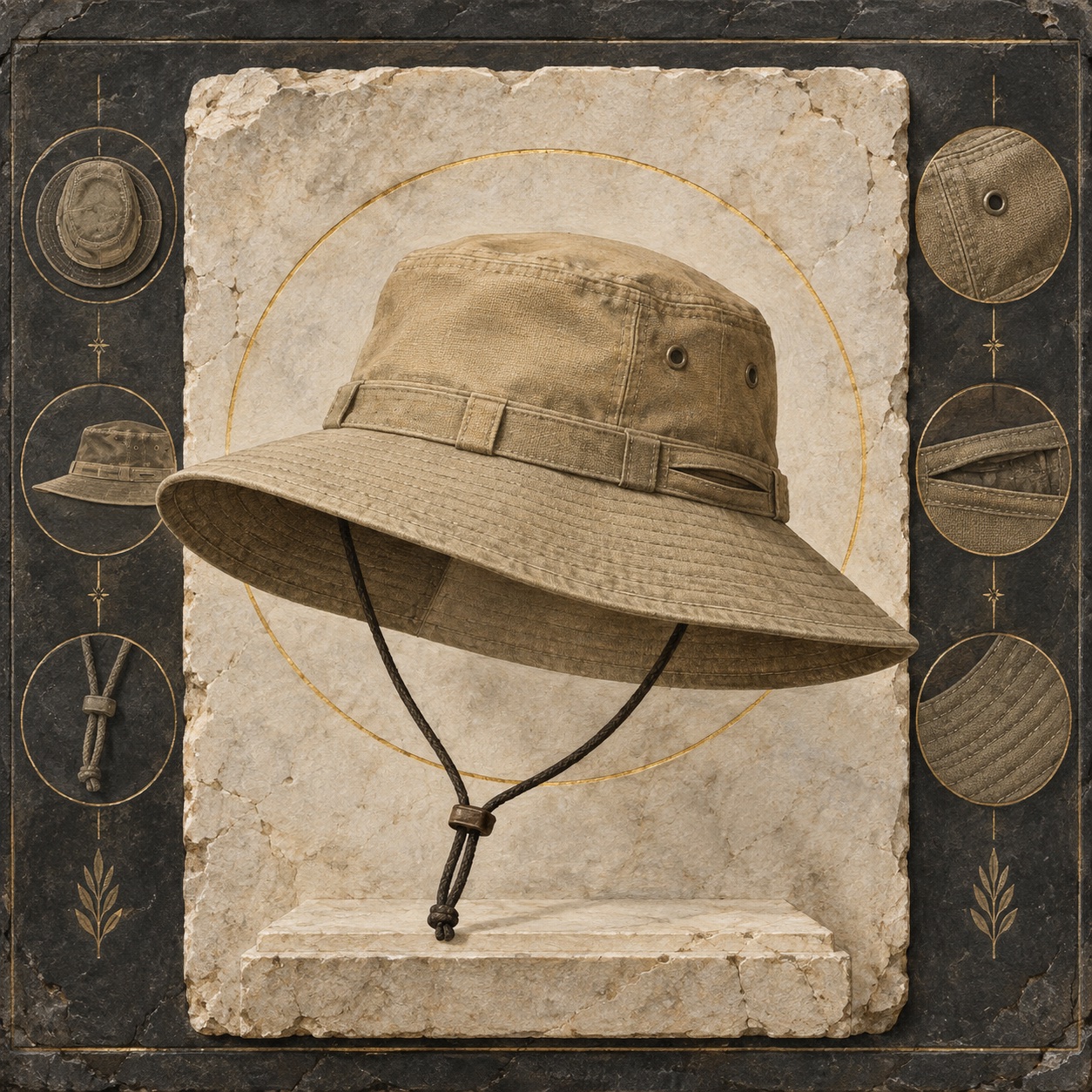 Antiquity-style editorial interpretation of a cotton duck brimmed sun hat