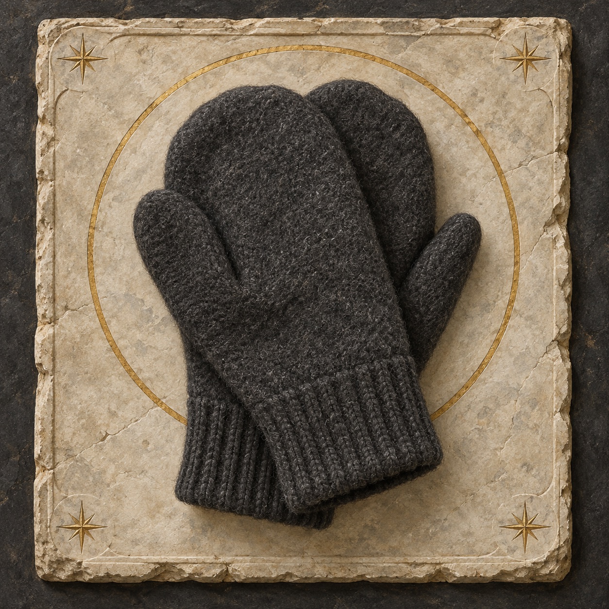 Antiquity-style editorial interpretation of a pair of thick boiled-wool mittens