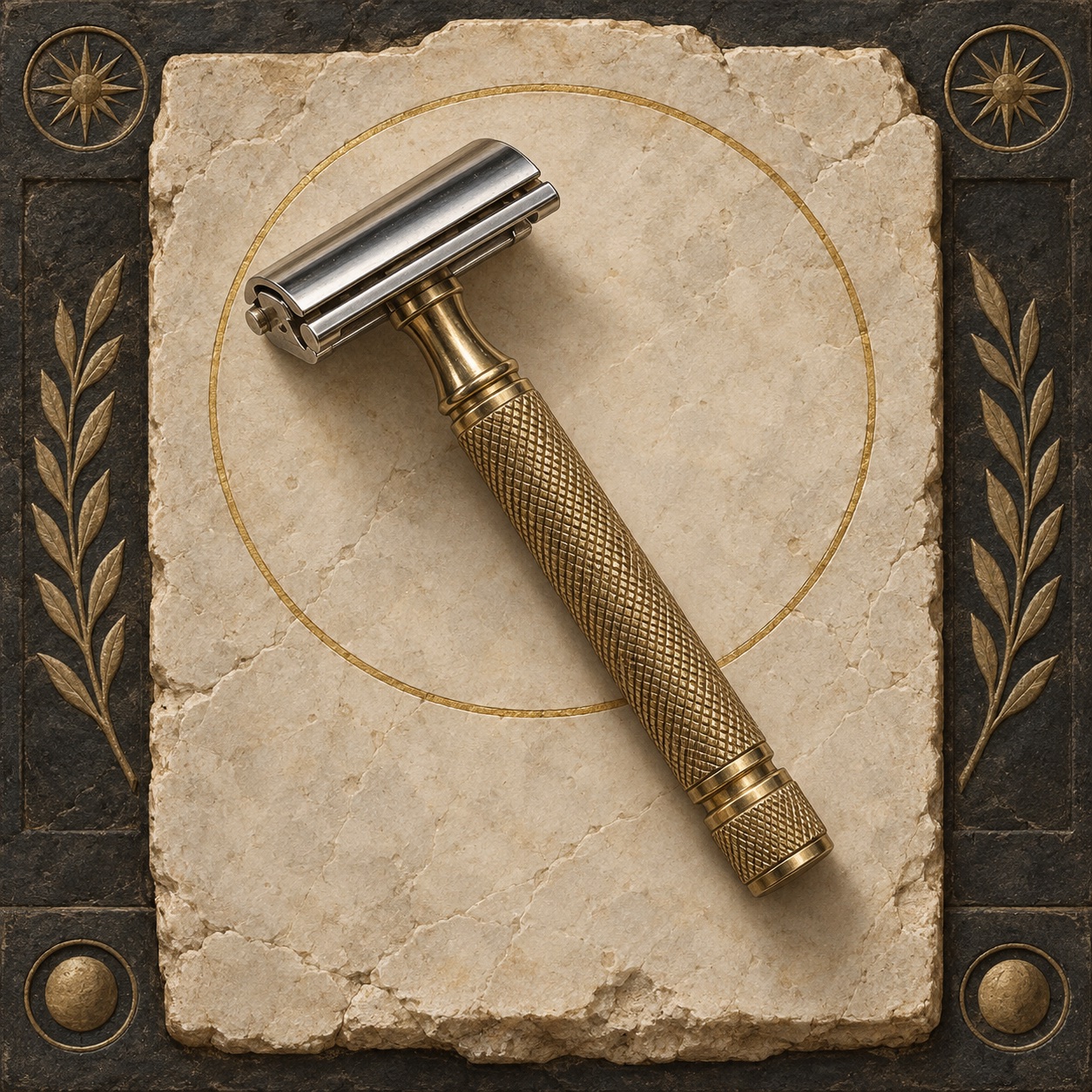 Antiquity-style editorial interpretation of a brass-and-chrome double-edge safety razor